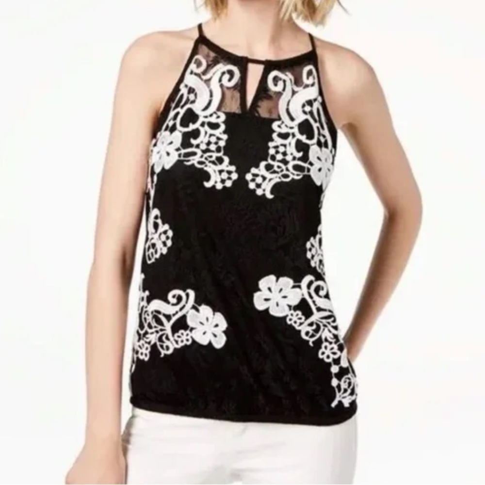 INC Black Lace Halter Tank Top with White Floral Baroque Embroidery Small